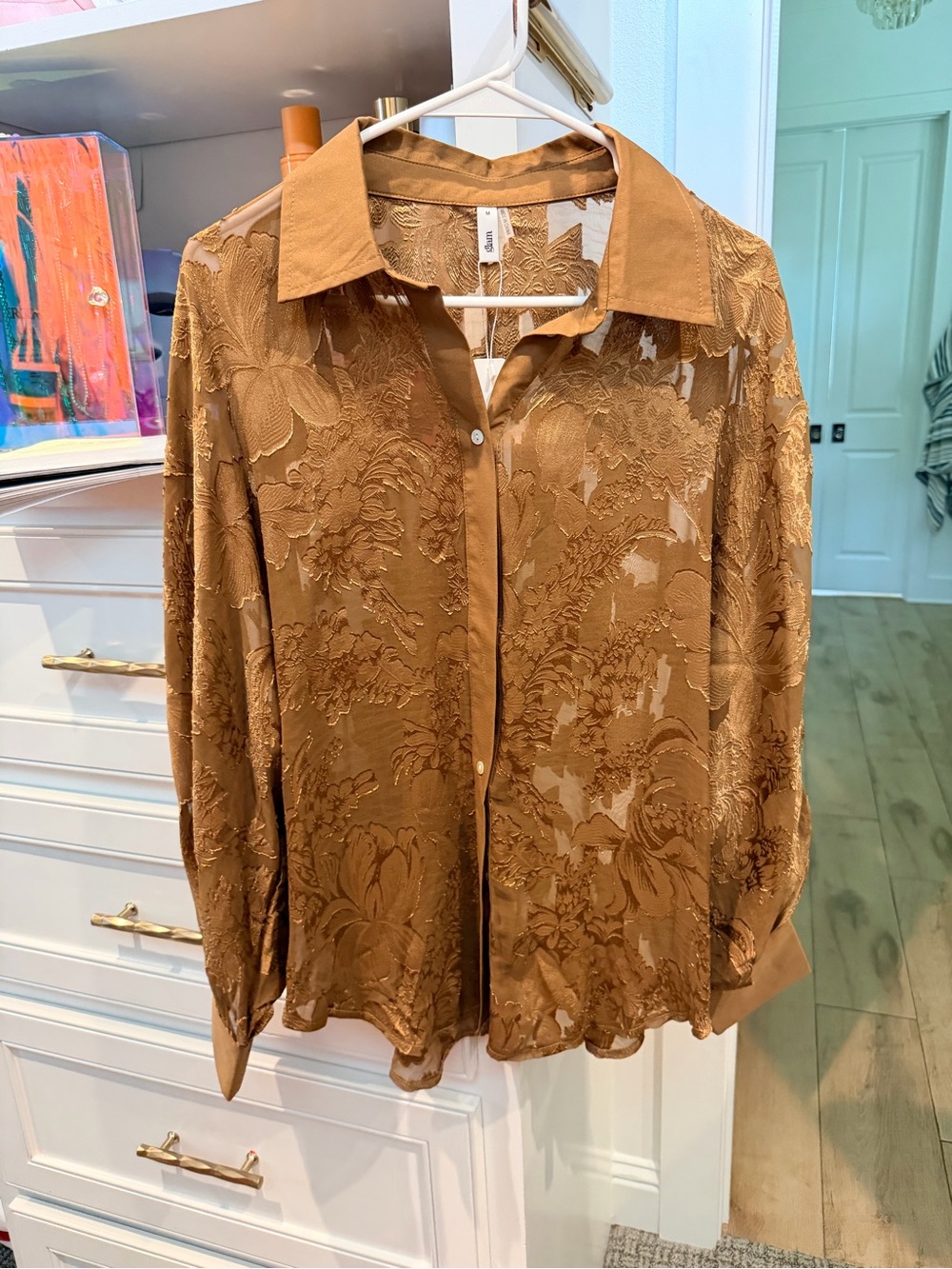 glam Brown Sheer Floral Jacquard Button-Down Shirt